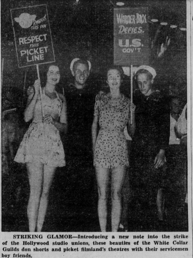 MelissaFordPhD's tweet photo. Did you know the #WritersStrike & #SAGAFTRAstrike is not the first time people in Hollywood have picketed major studios? #DailyWorker photo from Sept. 30, 1945 shows striking ladies at Warner Bros. https://t.co/WnJXUBkb7Q