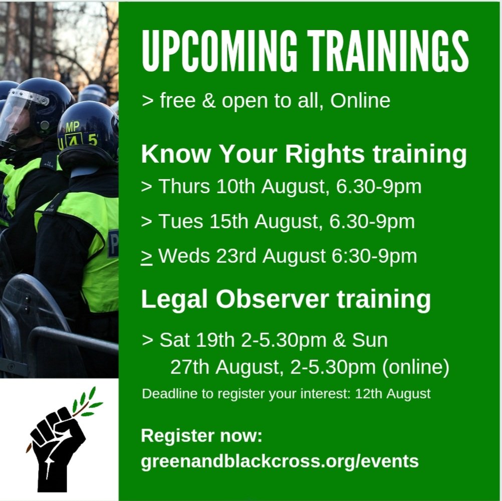 GBCLegal's tweet photo. 📣 FREE TRAININGS IN AUGUST📣

Register now for our free online Know Your Rights training and online Legal Observer training!

https://t.co/B4BGf4Ygcd

Questions? Email gbctrainings@protonmail.com!

#KnowYourRights #WeKeepUsSafe https://t.co/62myI7vO8C