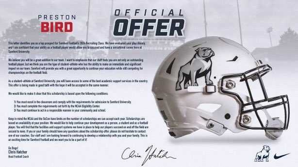 prestonbird21's tweet photo. Blessed to receive my official offer from @SamfordFootball @ShawnPbostick @RickyTurner19 @CoachJamesMahan @CoachT4L @WarHawkRecruits https://t.co/qAi9HvUqfi