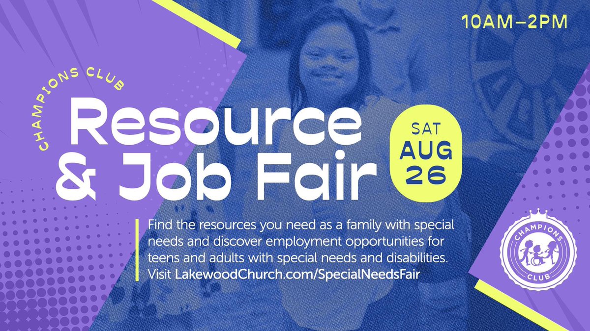 championsclubs's tweet photo. Champions Weekend @lakewoodchurch If you are a special needs family or caregiver don’t miss this weekend August 26th &amp; 27th! https://t.co/JAP3L0FQna