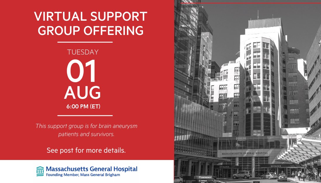 BAFOUND's tweet photo. TONIGHT: Massachusetts General Hospital will have a Brain Aneurysm/AVM Support Group ZOOM gathering on Tuesday, August 1st from 6:00 PM-7:30 PM (EST). https://t.co/aEymRhDgXJ
#BAFCommunity #SupportGroup #MGH
#brainaneurysm https://t.co/7FQp5vJDUQ