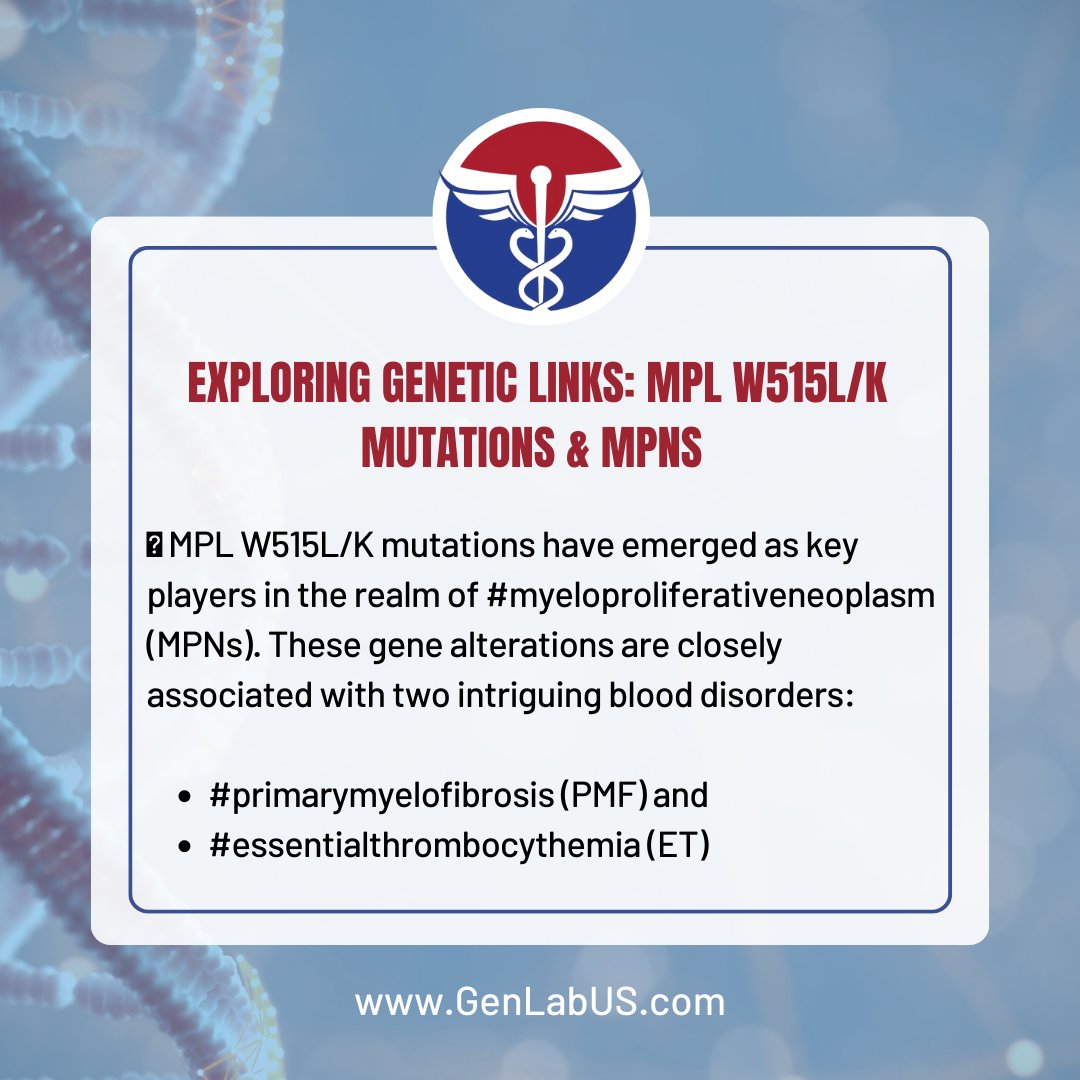 #MPL W515L/K mutations are associated with #myeloproliferativeneoplasm (MPNs), particularly #primarymyelofibrosis (PMF) and #essentialthrombocythemia (ET).

#GeneticMutations #BloodDisorderResearch #MedicalAdvancements #HealthAwareness #ScienceCommunity #MPNResearch #MPLGene