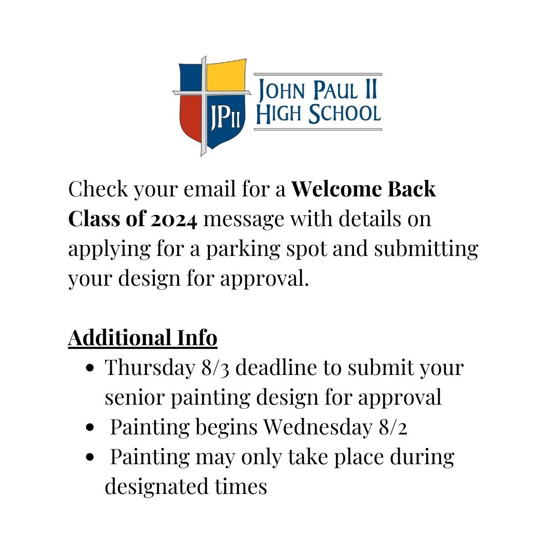 JPIIHSPLANO's tweet photo. 🎨 Calling all Class of 2024 Seniors! 🎨 Express yourself and make your mark at JPII by designing your own parking space. 🚗 Let your creativity take the wheel and inspire your fellow students.
#CardinalFamily #SeniorParking #SchoolInspiration #CreativeExpressions #BeYou https://t.co/UNfOyx6yvO