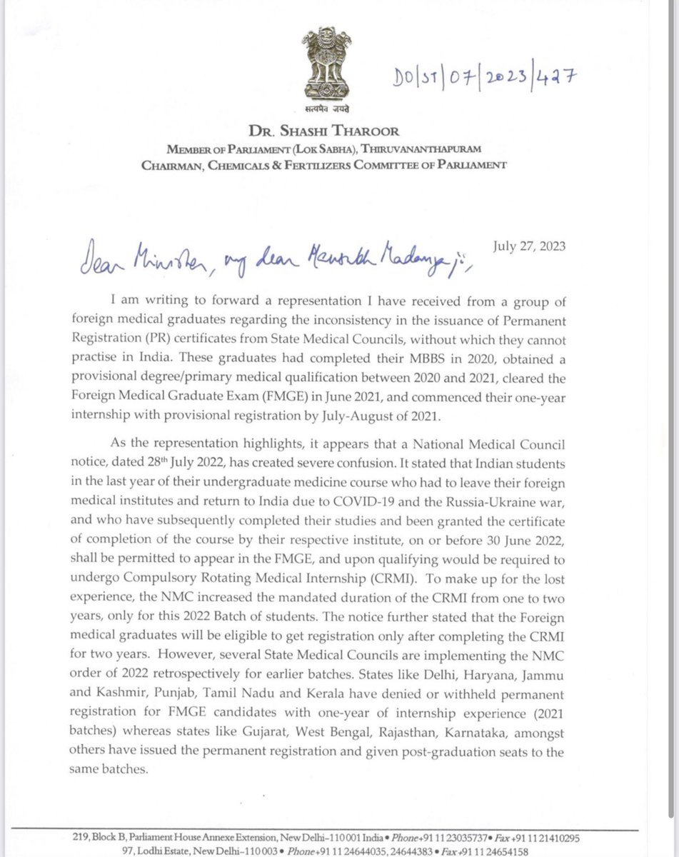 drsfaizanahmad's tweet photo. Thank you @ShashiTharoor sir for raising #FMGs pressing issue.

We urge to our Health Minister @mansukhmandviya @OfficeOf_MM @ianilradadiya  to take swift action in resolving the delays in releasing Permanent registrations. 
Your intervention is crucial for our future. 

#HealthcareMatters #UrgentActionNeeded"