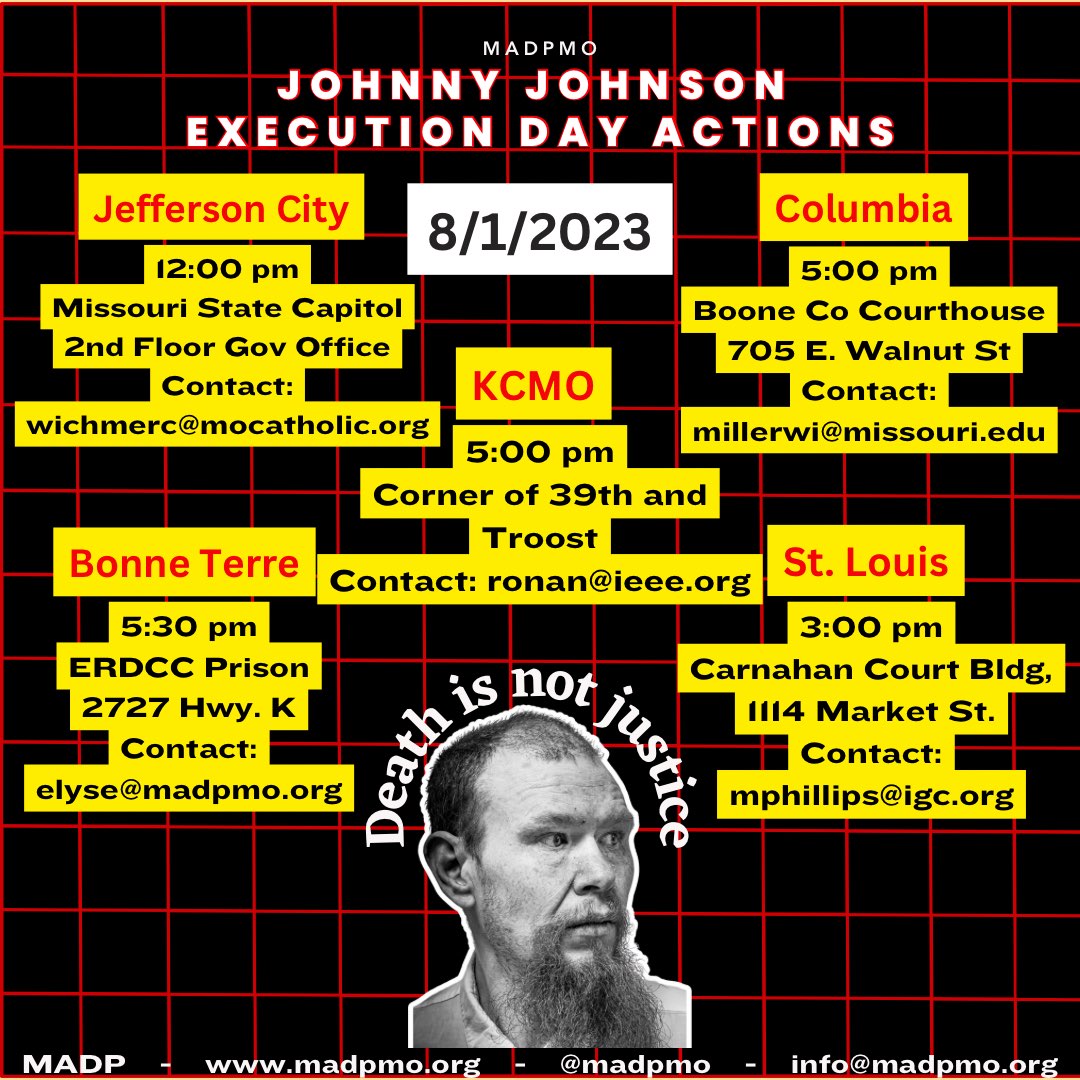 MADPMO's tweet photo. #KillingTuesday in Missouri is upon us yet again. This evening in a state sanctioned murder Missouri is set to kill a severely mentally ill person. Plz join supporters across the state in a unified voice of *Not In My Name*. As the state kills in our names!
#JohnnyJohnson https://t.co/d4TFpk5Q6E