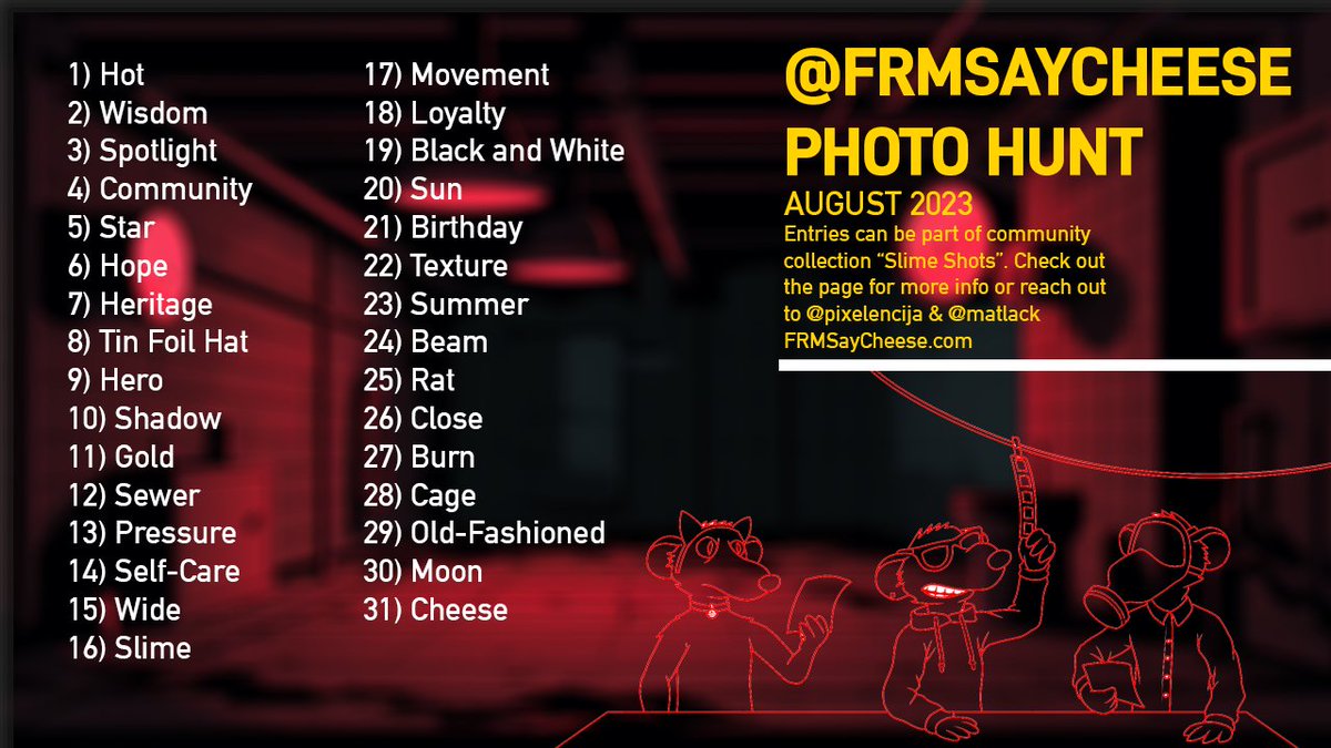 frmsaycheese's tweet photo. Out photo hunt starts today! Say Cheeeese! 📸

First of all - here's the cheat sheet you'll need with all the daily prompts connected to their dates.

And some more info is down below. 👇🧵

#FatRatMafia #FRMSayCheese https://t.co/AxOpTIznai
