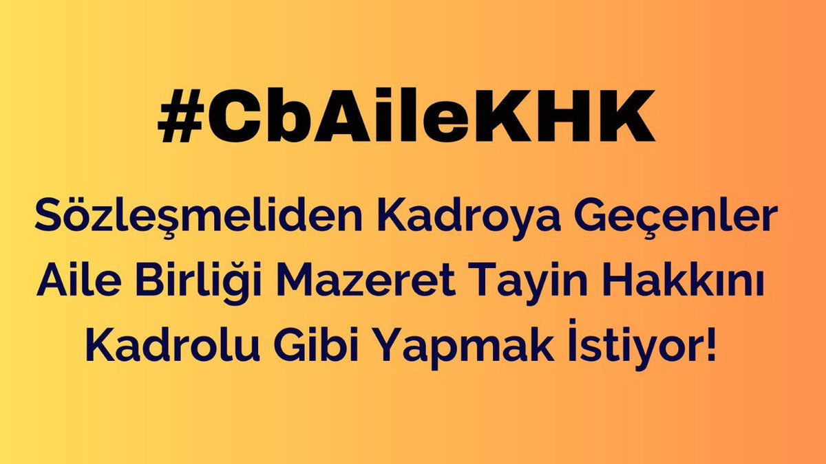 Cumhurbaşkanımız <a href="/RTErdogan/">Recep Tayyip Erdoğan</a> Kadroya geçenlere 3 Ocak’ta kadrolu hakları aynı olacak diye söz verdiniz ama Bakanlarımız uygulamıyor!

Lütfen bir KHK ile aileleri kavuşturun.
<a href="/Yusuf__Tekin/">Yusuf Tekin</a>
<a href="/ibrahimyumakli/">İbrahim Yumaklı</a>
<a href="/DIBAliErbas/">Prof. Dr. Ali Erbaş</a>
<a href="/drfahrettinkoca/">Dr. Fahrettin Koca</a>
<a href="/Mahi_Nur/">Mahi_Nur</a>
<a href="/mfatihkacir/">Mehmet Fatih KACIR</a>
<a href="/yavuzatar/">yavuz atar</a>
#CbAileKHK