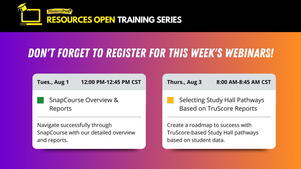 Join us TODAY and this Thursday for our open, interactive product training series! This week will be featuring SnapCourse and Study Hall. We hope to see you there! 

Register here: masteryprep.com/support/master…
