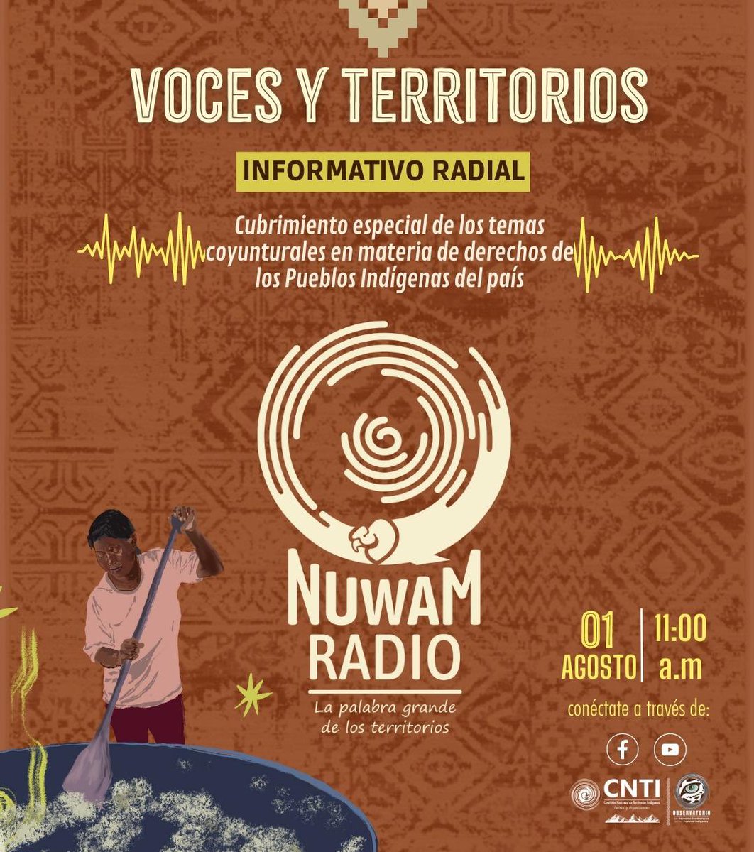 CNTI_Indigena's tweet photo. 📌#CNTICOMUNICA 

🗣️| ¡No te pierdas hoy en #NuwamRadio nuestro informativo radial “Voces y Territorios”!🎙️🍃

🌀| Ponte tus audiófonos y conéctate a la transmisión en vivo con todos los avances del Observatorio de los Derechos Territoriales #ODTPI  de la Secretaría Técnica de la #CNTI, los acontecimientos más importantes sobre las realidades de los pueblos indígenas de Colombia.🇨🇴

🗓️| Martes, 01 de agosto 
⏰| 11:00 a.m.

‼️No te pierdas esta transmisión en #vivo a través de #facebooklive y nuestro canal de #youtube de la #CNTI.

 ¡Defender los territorios, es defender la vida! 🍃