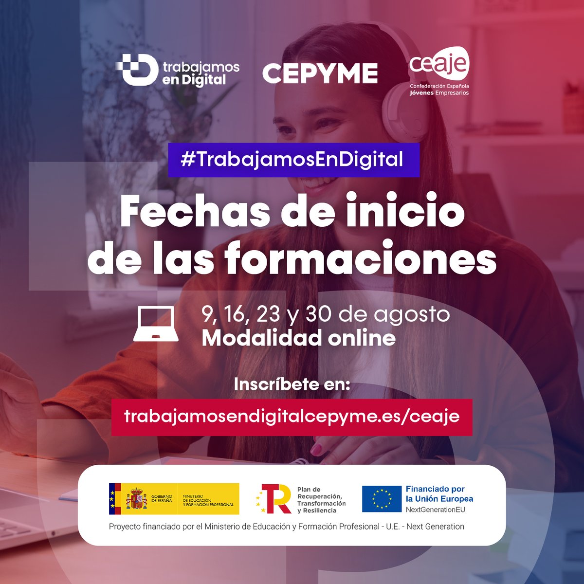 Estas son las fechas de agosto 📣

Si quieres mejorar tus competencias digitales, inscríbete de manera gratuita a estos cursos que te ayudarán a #trabajarendigital.

Inscríbete 👉 trabajamosendigitalcepyme.es/ceaje 

<a href="/cepyme_/">CEPYME</a>

#ceaje #juventudempresaria