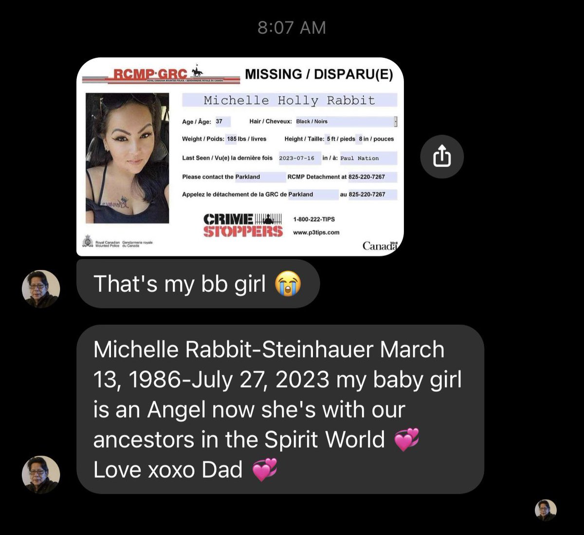 Songstress28's tweet photo. Waking up to messages like this from friends. Heartbreaking. This was his daughter, Michelle Rabbit. Her remains were found last Thursday south of Paul First Nation at an abandoned lease site and her death deemed homicide by police. Paul First Nation is just west of where I live. This genocide is tearing our people apart. 
I’m so sorry, Dennis. 💔💔💔