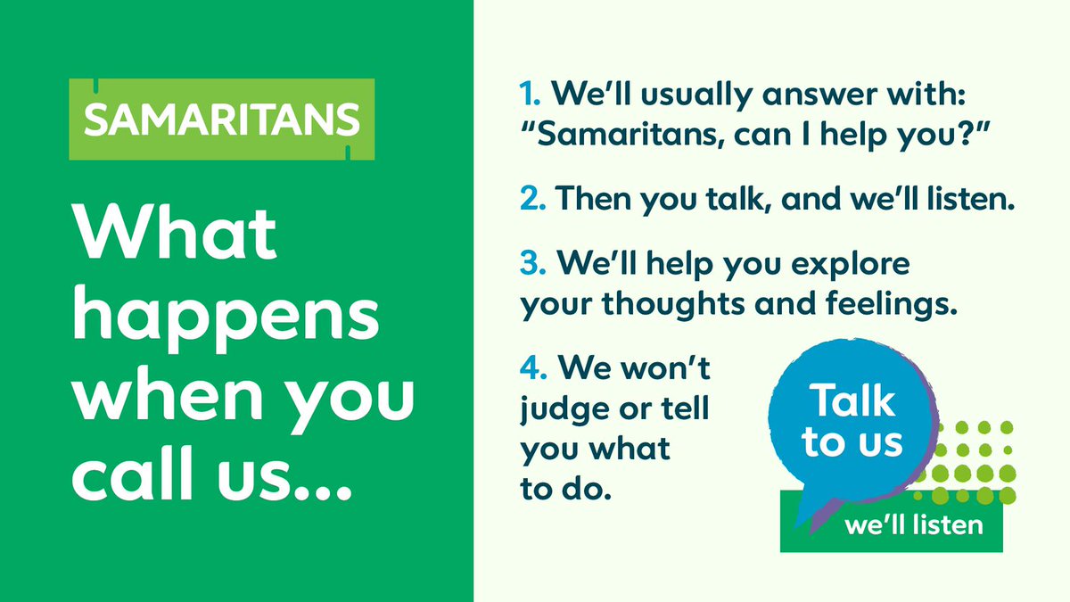 Question one: What happens when you call us? >We will answer the phone says “Samaritans, can I help you?” >We give you the space to talk >We will help you explore your thoughts and feelings >We won’t judge or offer advice,