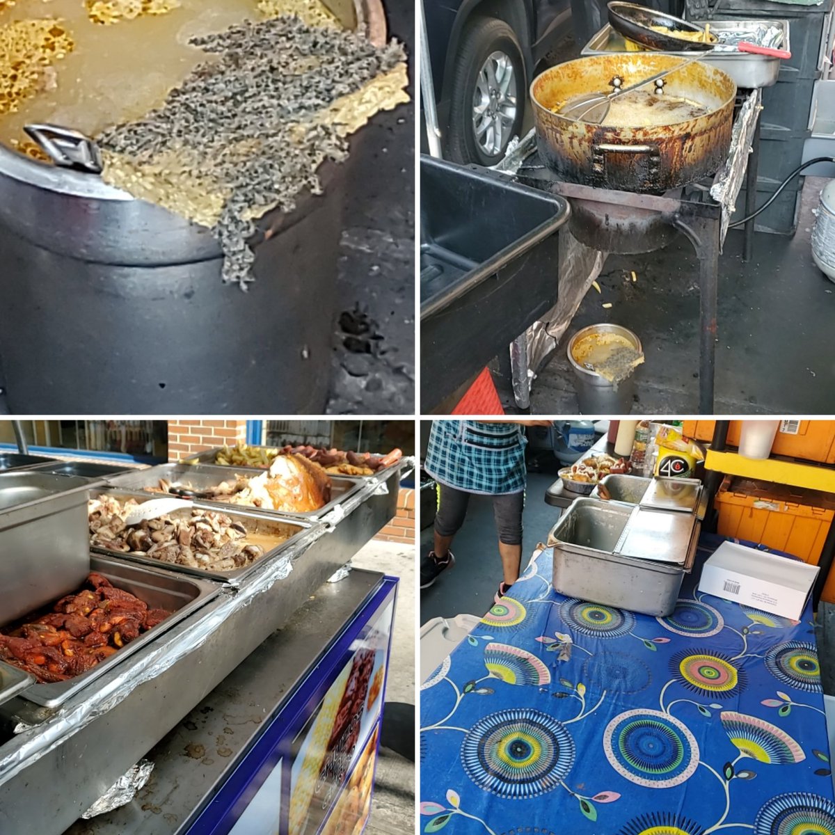 MakeQueensSafer's tweet photo. Dirty sponge, vats of oil, food sitting out, no covers, blocking sidewalk. Is this #OpenRestaurants in #Queens? No @nycHealthy oversite? Fine to dump oil in @NYCWater catch basins? HepC? Cleaning with dirty sponge? #JacksonHeights #SeenIn13 Outside 83-09 Roosevelt https://t.co/wNdEycysoI