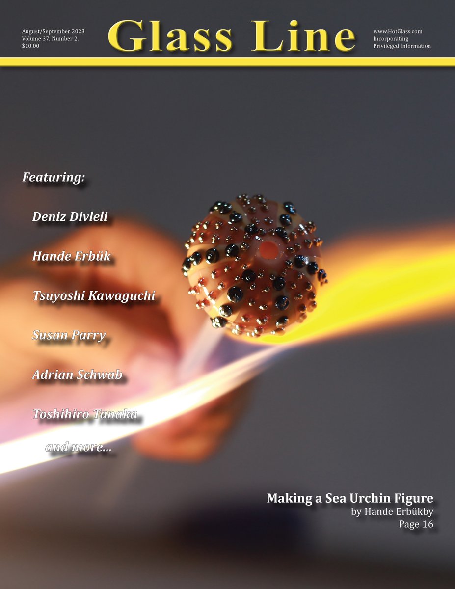 GlassLineMag's tweet image. Glass Line, August/September 2023
v37n2: hotglass.com/vol37.html v37n2

 In this Issue
* A Glass Pen, 
 * Ladybug Murrine Tutorial, 
 * Making a Sea Urchin Figure, 
 * From Blown-Glass Vessel to Pitcher,
 * Inside-Out Reversed Switchback Mini Beads, 
 * A Little Bird,