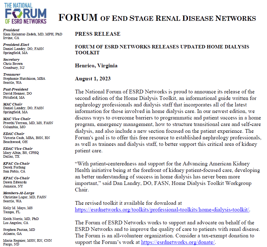 Kam Kalantar-Zadeh, MD, MPH, PhD (@kamkalantar) on Twitter photo The 2023 edition of the "Home Dialysis Toolkit" is out by the <a href="/ESRDNetworks/">National Forum of ESRD Networks</a> coalition of all 18 ESRD Networks
esrdnetworks.org/toolkits/profeā¦
<a href="/ESRDNetworkofTX/">ESRD Networks 8 and 14</a> @ESRDNCC <a href="/ESRDNetwork5/">ESRD Network 5</a> <a href="/IPROESRDNetwork/">IPRO ESRD Network</a> @ESRD <a href="/RSNhope/">RenalSupportNetwork</a> <a href="/RPANephrology/">RPA-Nephrology</a> <a href="/RenalFellowNtwk/">Renal Fellow Network</a> The 2023 edition of the "Home Dialysis Toolkit" is out by the <a href="/ESRDNetworks/">National Forum of ESRD Networks</a> coalition of all 18 ESRD Networks
esrdnetworks.org/toolkits/profeā¦
<a href="/ESRDNetworkofTX/">ESRD Networks 8 and 14</a> @ESRDNCC <a href="/ESRDNetwork5/">ESRD Network 5</a> <a href="/IPROESRDNetwork/">IPRO ESRD Network</a> @ESRD <a href="/RSNhope/">RenalSupportNetwork</a> <a href="/RPANephrology/">RPA-Nephrology</a> <a href="/RenalFellowNtwk/">Renal Fellow Network</a>