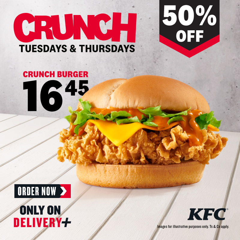 KFCSA's tweet photo. 50% off a Crunch Burger? True story. Then get a Crunch Burger for only R16,45 every Tuesday &amp; Thursday.