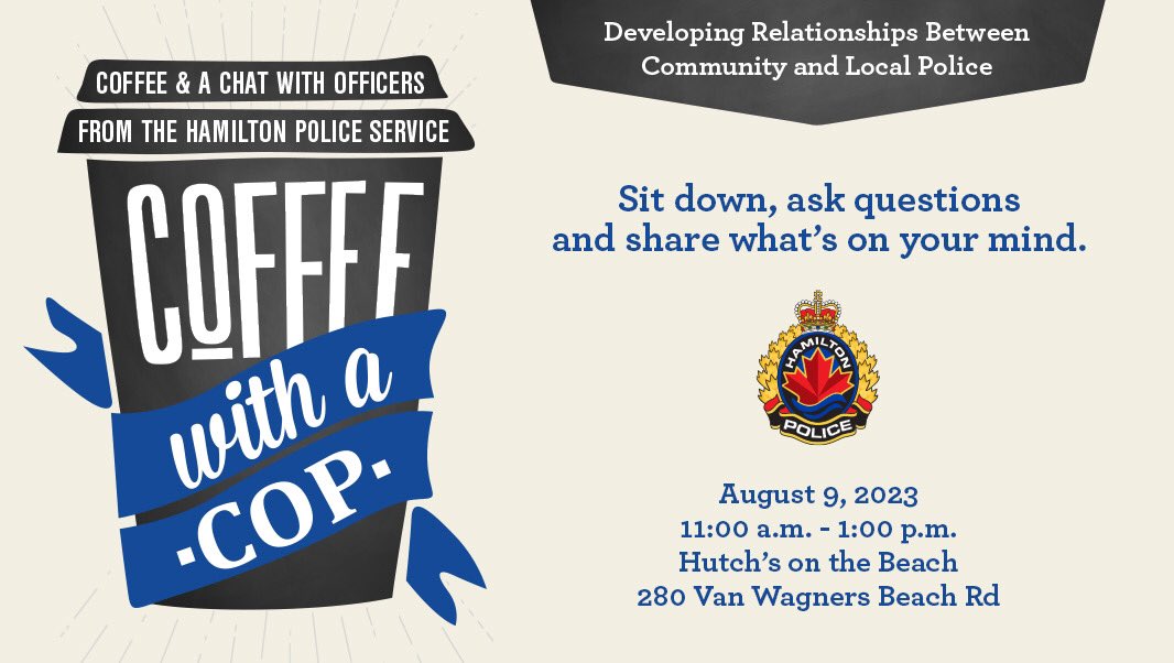 Hey #HamOnt. Join us on Wednesday, August 9 at 11 for some coffee or ice cream. Maybe we will see some boats and bikes too.