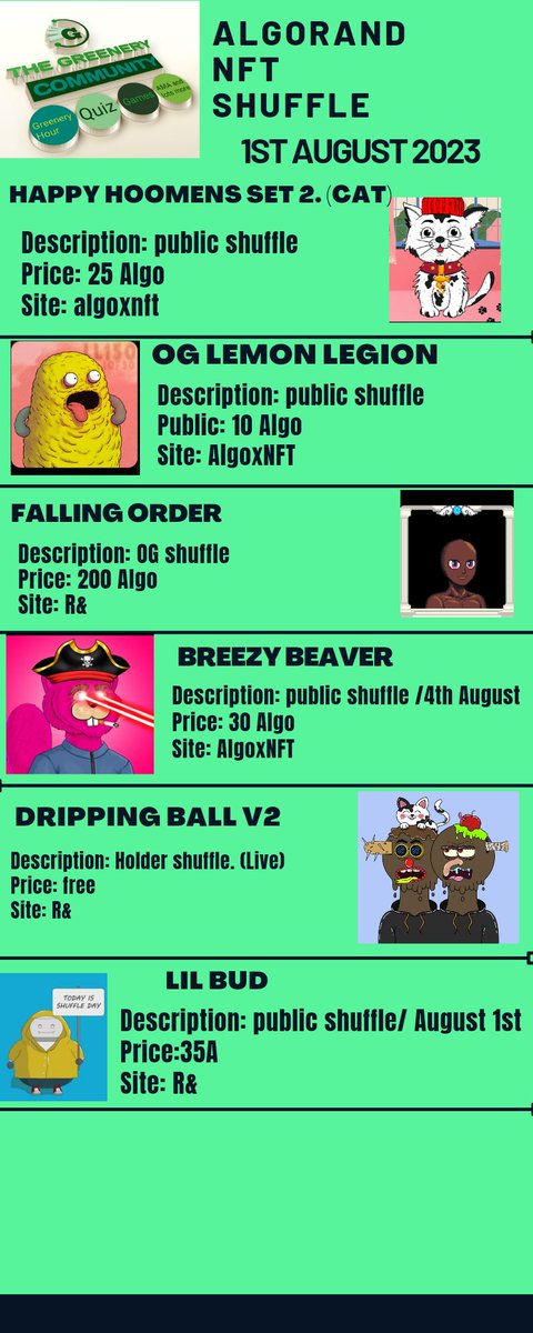 GreeneryTeam's tweet photo. ALGORAND NFT DAILY SHUFFLE/MINT UPDATES.
If you have a shuffle you want us to include, kindly let us know
#algofam #AlgorandNFTs #NFT #Greeneryteam #AlgoNFTs
#NFA #DYOR
for other shuffle, check discord https://t.co/qt1ftAxJUj https://t.co/MmxZNCD2QM