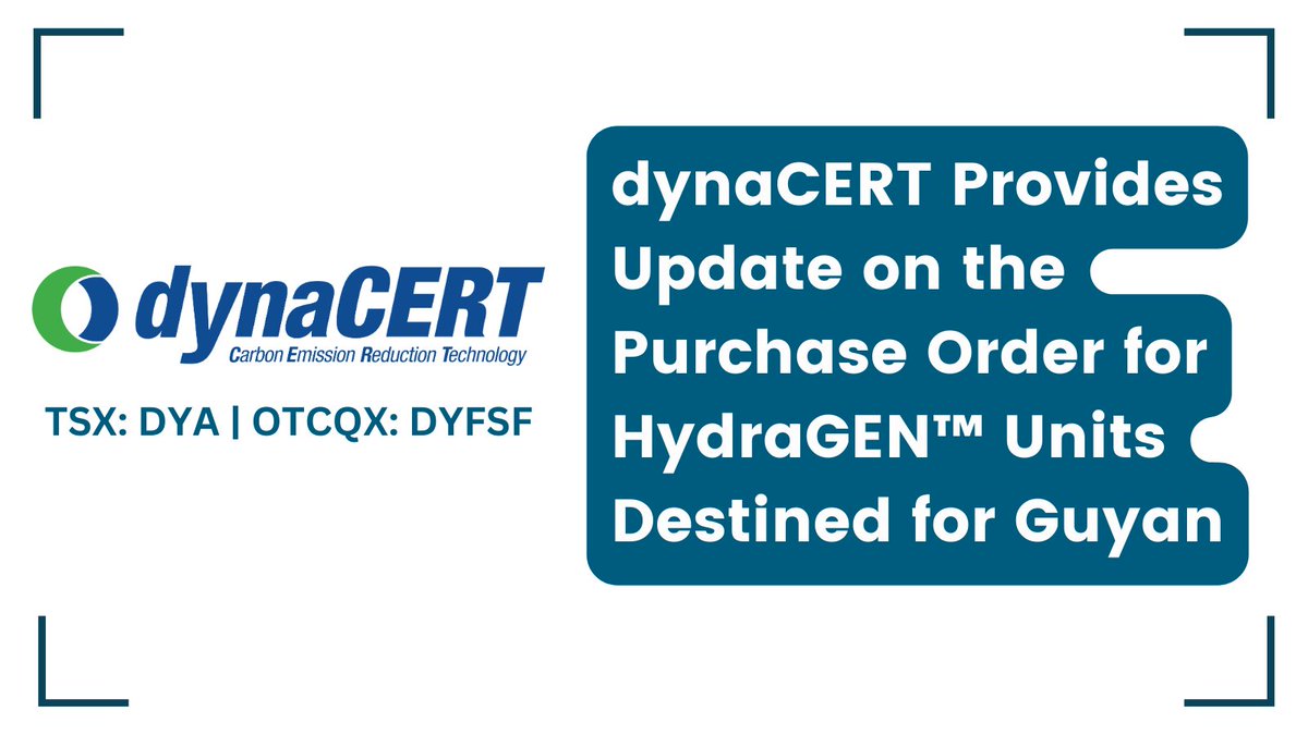 Investornewscom's tweet image. #dynaCERT Provides Update on the Purchase Order for #HydraGEN™ Units Destined for #Guyana bit.ly/3QkAt5m 

#EmissionReduction #CarbonCredits #HydrogenTechnology @dynaCERT $DYA $DYFSF