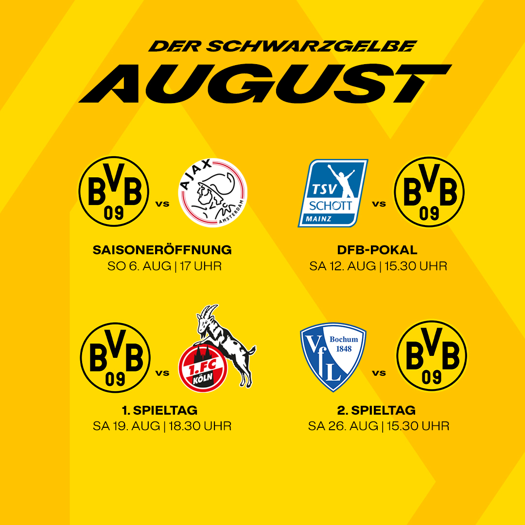 BVB's tweet photo. 🗓️🤩 Es geht wieder los: Saisoneröffnung, DFB-Pokal und Bundesliga-Auftakt stehen vor der Tür. Worauf freut Ihr Euch am meisten? 💬👇 https://t.co/4HBipRCJoE
