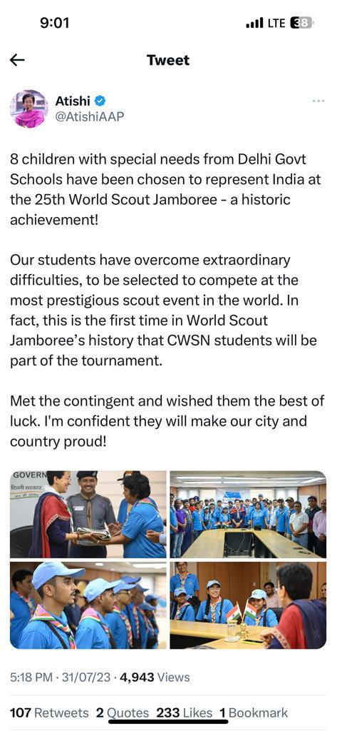 SKVLaxminagar's tweet photo. 1st Aug'23 @1003028 feel proud of Naina(CWSN)part of Indian contingent for 25thWorld Scout JamboreeTHEME"DRAW YOUR DREAM"
reached South Korea today with lots of good luck & blessings from @pmnarendramodi and @EduministerAtishi
#BeAScout #Jamboree
@Dir_Education
@gupta_iitdelhi https://t.co/omjYd3bVFu