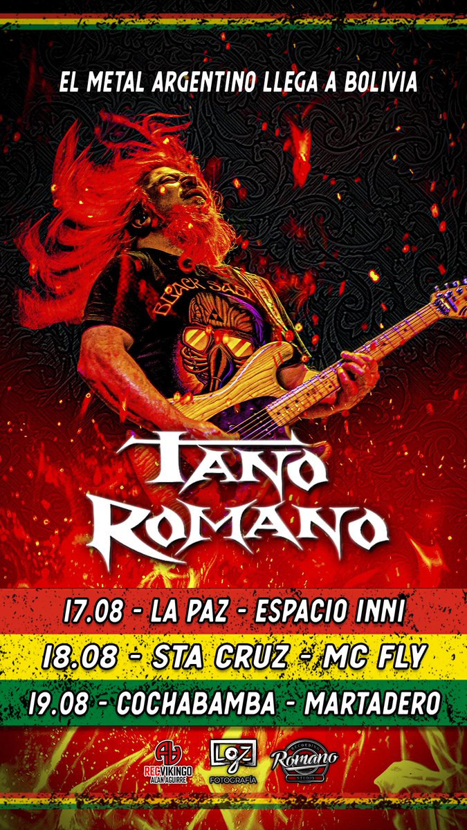 TanoRomanoBanda's tweet photo. Atención fanáticos del heavy metal en Bolivia
🇧🇴🔥🇦🇷
Estaremos de gira por su país los días 17, 18 y 19 de agosto.

Prepárense para una experiencia única llena de poderosos riffs, letras impactantes y una energía inigualable.

¡No se lo pueden perder! 🎸💥

#HeavyMetal #Bolivia https://t.co/vuB7Wr7mHQ