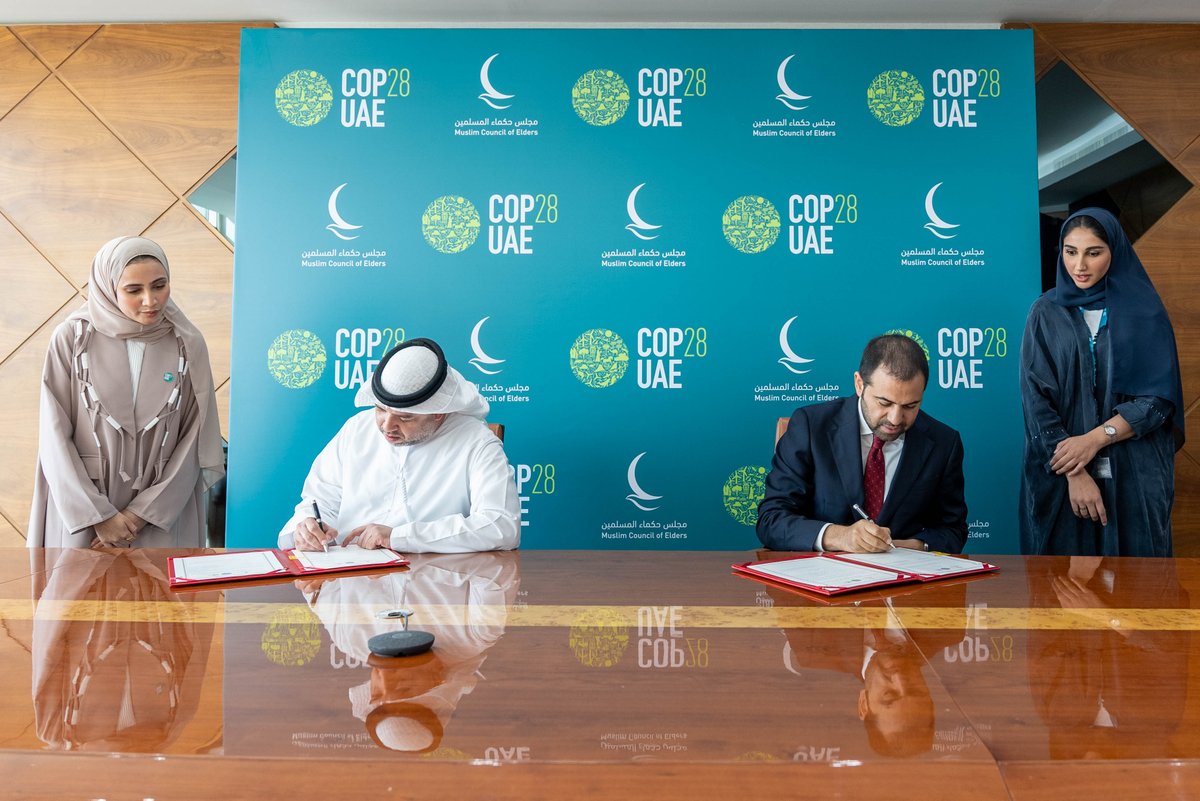 COP28_UAE's tweet photo. #COP28 DG Majid Al Suwaidi and HE Judge Mohamed Abdel-Salam, @MuslimElders Secretary-General, signed an MoU with the goal of establishing a partnership to promote interfaith dialogue, engagement, and climate action within the framework of COP28 UAE. https://t.co/leKKrfiqg9
