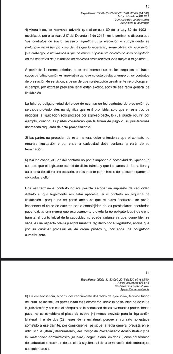 CarlosABallest4's tweet image. De interés en contratos y procesal: En los contratos en los que no es obligatoria la liquidación, como en la prestación de servicios, y tampoco se pacta de común acuerdo, la caducidad del medio de control de controversias se contabiliza desde la fecha de terminación del contrato