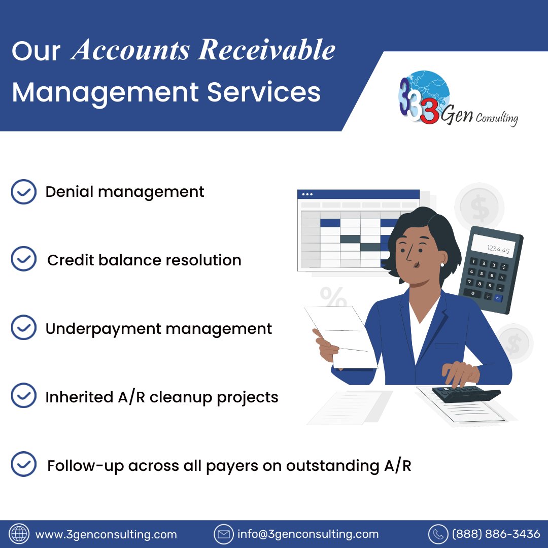 3gen_consulting's tweet image. With an experienced team of AR specialists, 3Gen Consulting provides customized accounts receivable solutions to meet healthcare providers&apos; needs. 

Contact us for more information by calling (888) 886-3436 or visiting bit.ly/3XCMaGn

#3GenConsulting #accountsreceivables