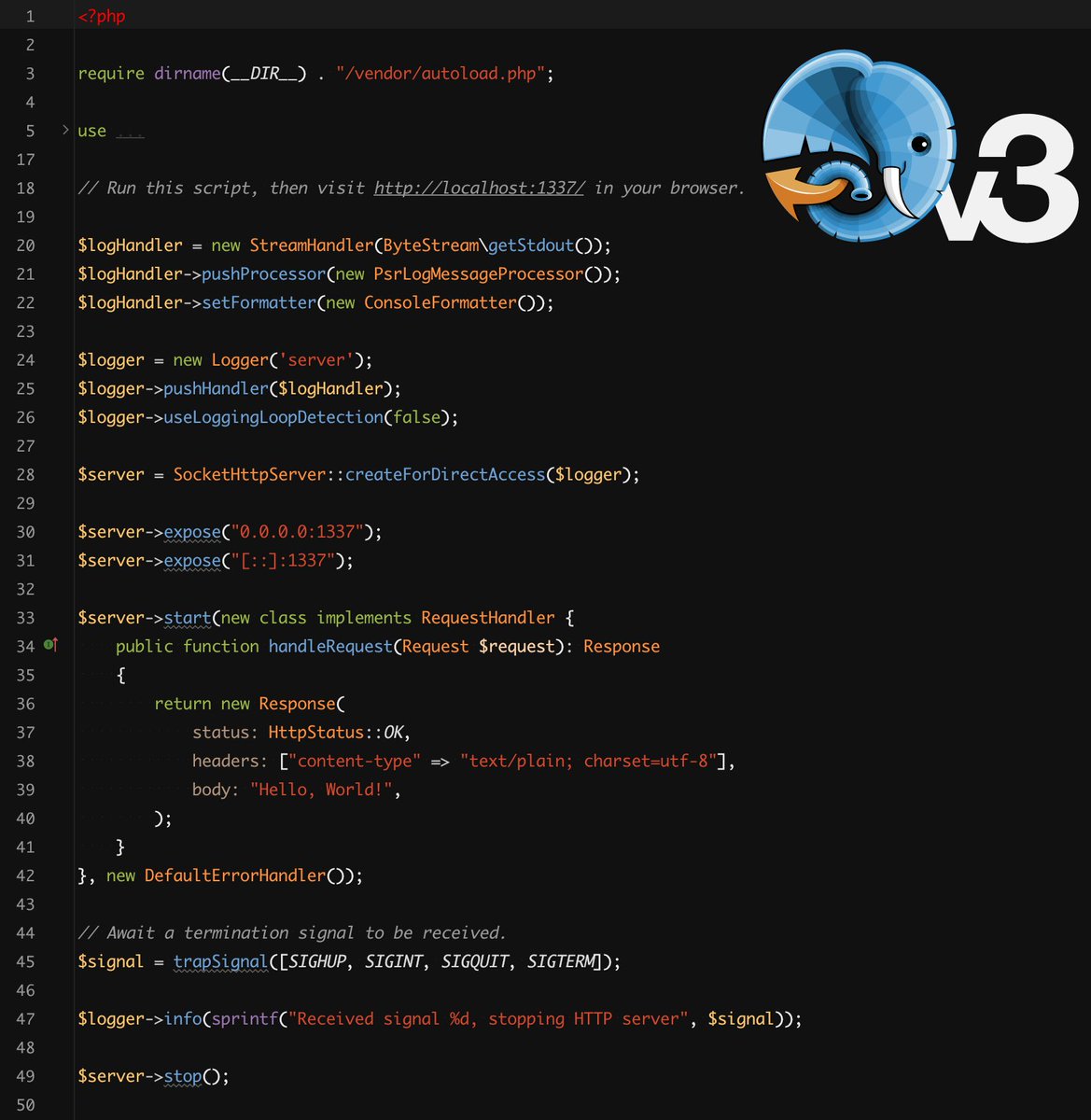Announcing a huge milestone for the AMPHP project – the release of amphp/http-server v3.0, compatible with AMPHP v3 and fibers! 🎉

amphp/http-server provides a non-blocking, concurrent HTTP/1.1 and HTTP/2 application server for #PHP

github.com/amphp/http-ser…

The example above is