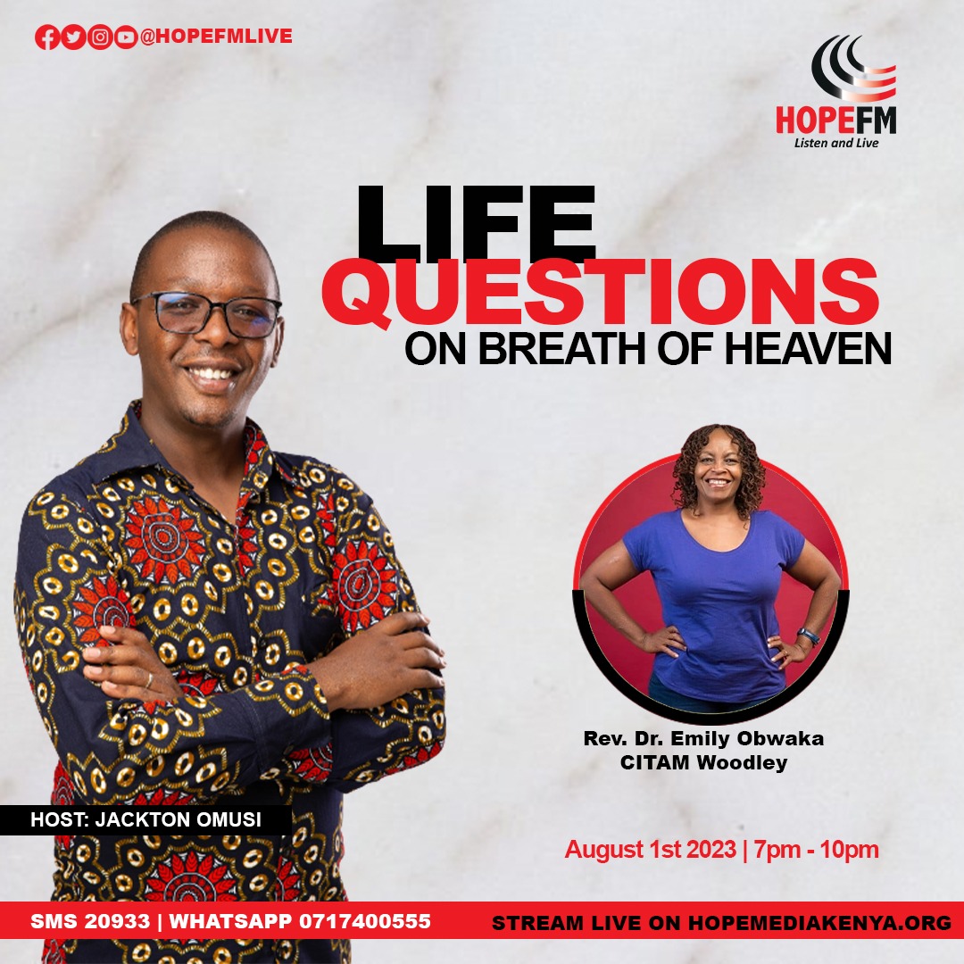 Join us tonight as we welcome Rev.  Dr. Emily Obwaka to provide insights on how our relationships with others impact our relationship with God.
Feel free to send your Life Questions to SMS 20933 or WhatsApp 0717400555.
#FamilyTuesday #LifeQuestions #JacktonOnBreathOfHeaven