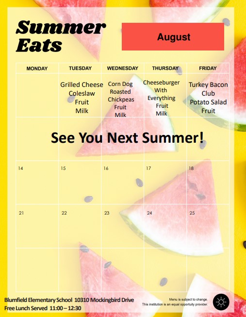 This is our last week for free summer meals <a href="/RPSBlumfield/">Blumfield</a>    Come and see us!