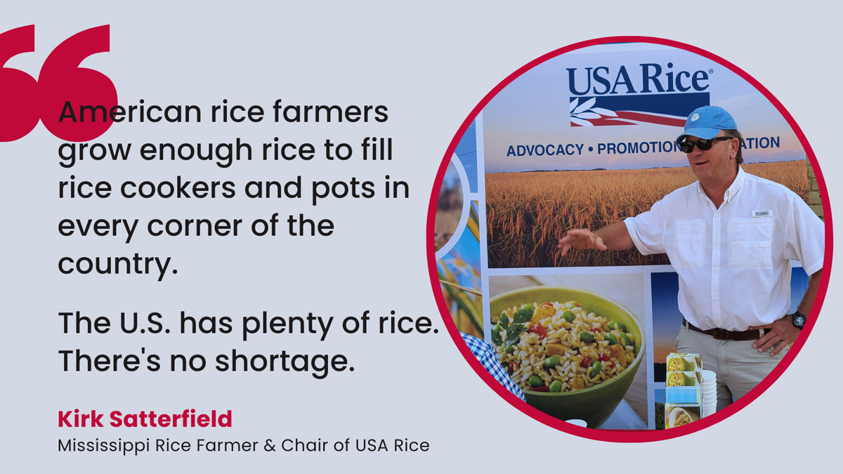 After seeing news reports of panic buying of rice in the US, let's be clear: American rice farmers have got this, growing long, medium, or short grain, basmati, jasmine, whatever you want, right here using fair &amp; responsible labor &amp; environmental practices. #GrownInTheUSA ❤️🍚💙