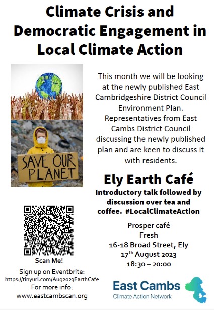 peterofely's tweet photo. Come and join the next @eastcambscan Ely Earth Cafe on Thurs 17 August when we will be discussing the climate crisis and local climate action through democratic engagement see https://t.co/py4b0ZoMX5 https://t.co/4F3vaOQEsT