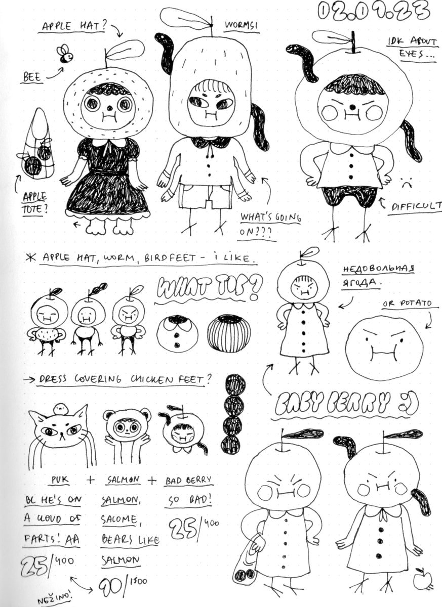 this was me sketching out ideas for the third avatar and what I wanted to call BAD BERRY and what you now know as SEMKA 🍎