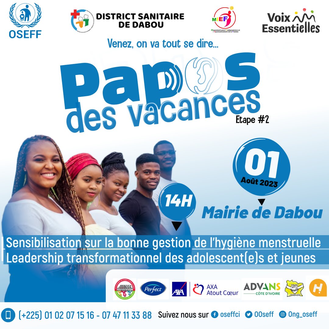 OOseff's tweet photo. Direction la mairie de Dabou, ce 1er #Août 2023 pour l'étape 2 des Papos des vacances.
Venez vivre des vacances saines et responsables.
Venez, on va tout se dire.
#Oseff #PaposDesVacances #vacancesresponsables
AXA Femajeci Advans Côte d'Ivoire https://t.co/m0CYix4li1