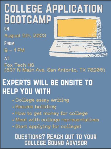 SAISDLanier's tweet photo. Hey Lanier 2024 Senior Class,

Join us at Fox Tech for a College Application Bootcamp on August 9th at 9 AM - 1 PM. 

Únase a nosotros en Fox Tech para un Bootcamp de solicitud universitaria el 9 de agosto de 9 a. m. a 1 p. m. https://t.co/HNAPehOnWA