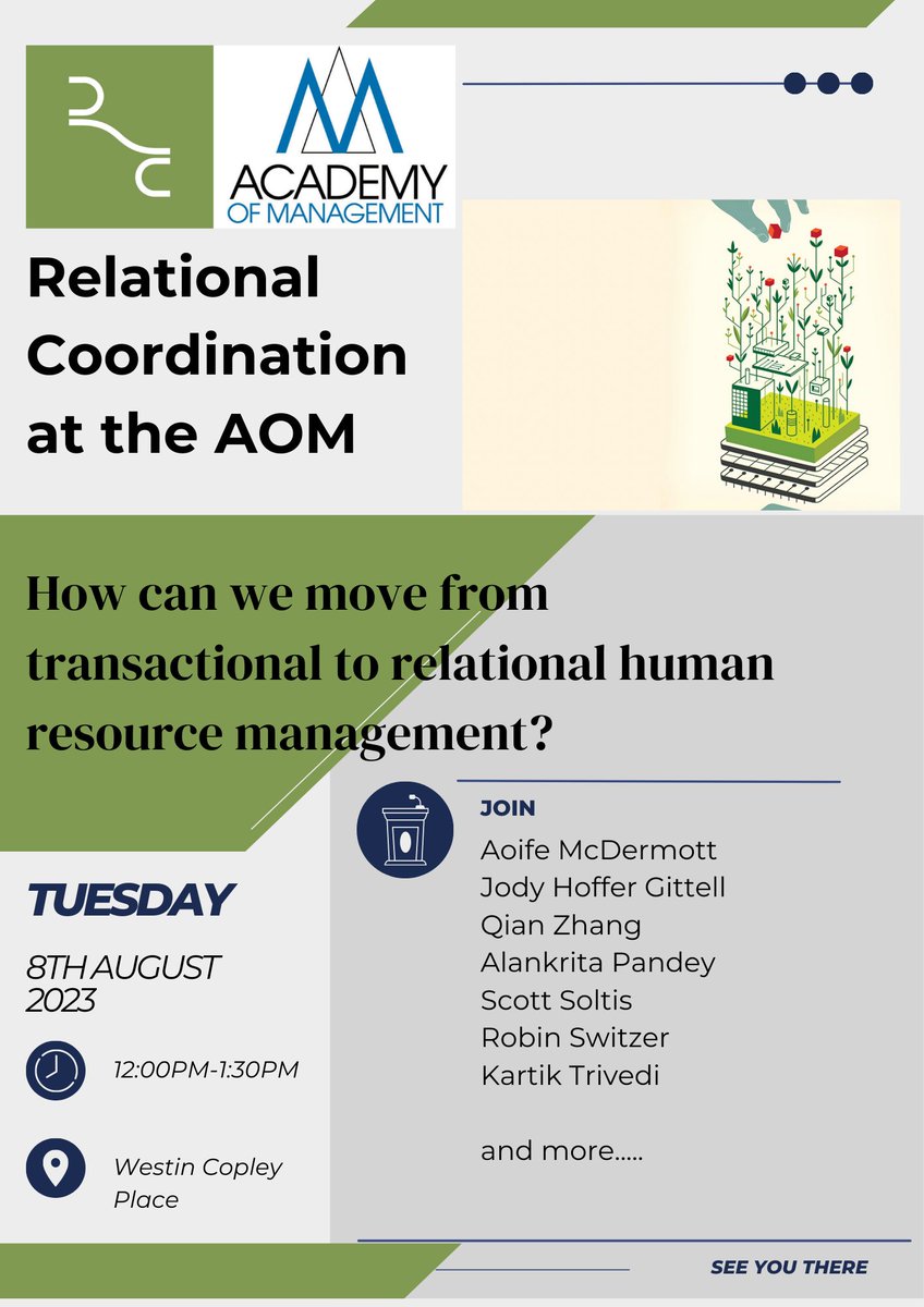 relationalcoord's tweet photo. Join us at the Academy of Management as presenters and discussants look at ways we can move from transactional to relational human resource management.

#aom2023 #rcc #humanresource #management #relational https://t.co/TAMhyu6WK3