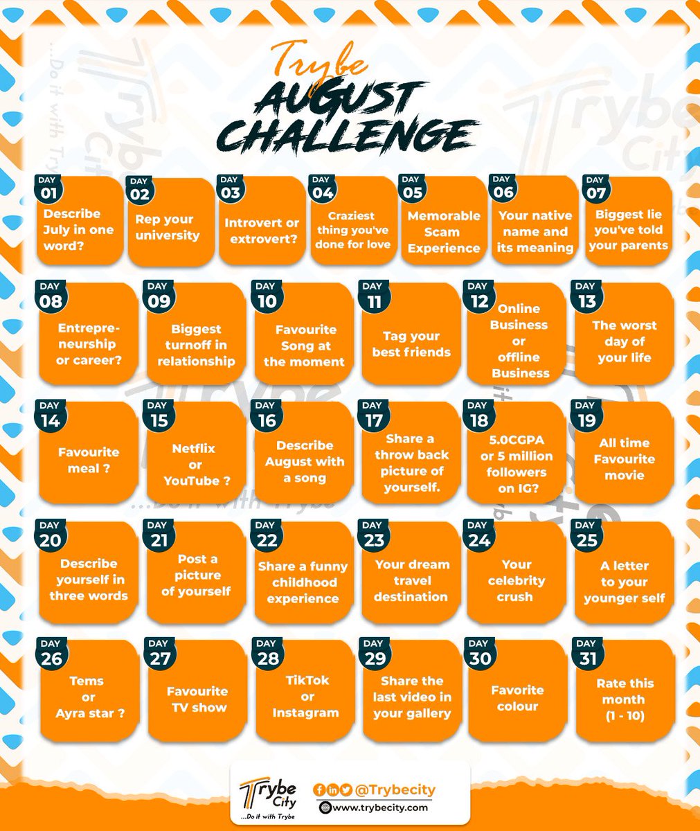 InsideoauMedia's tweet photo. Trybe City's August Challenge is here! Let's celebrate August with Trybe!
#TrybeCity #OAUTwitter #HappyNewMonth #August https://t.co/PzTg22Qsng