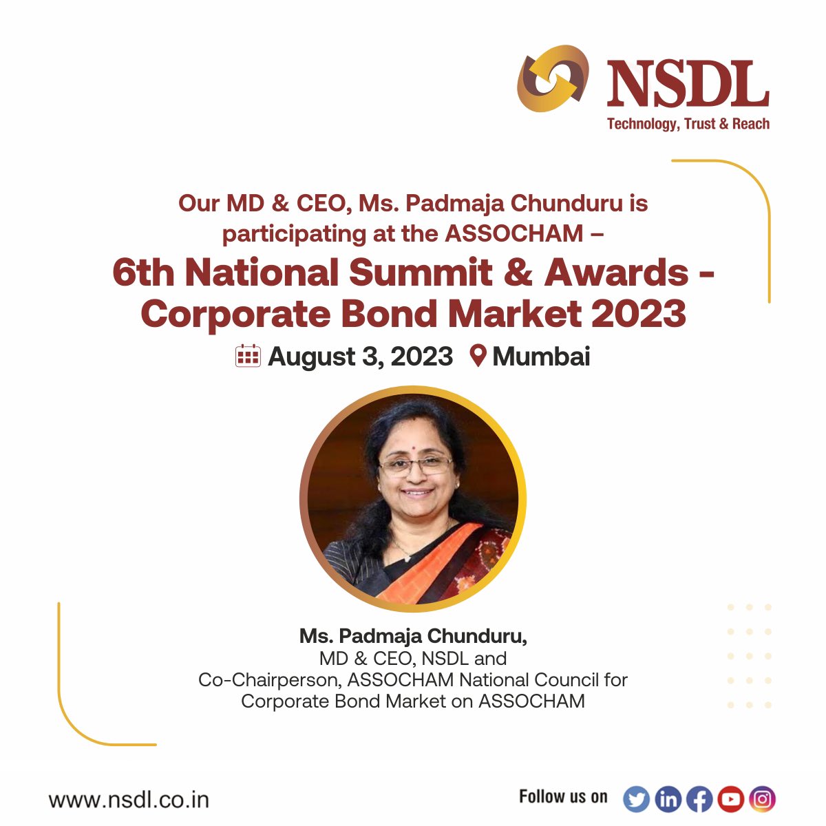 NSDL_Depository's tweet photo. We are excited to announce that our MD&CEO Ms. Padmaja Chunduru will be participating in the prestigious ASSOCHAM – 6th National Summit & Awards - Corporate Bond Market 2023. The event is scheduled to take place on August 3, 2023, at the renowned Hotel Four Seasons in Worli, Mumbai.

Our Executive Vice President, Prashant Vagal, will be a distinguished panellist in the Panel discussion on "Next Generation/Big Bang Reforms to Grow Indian Corporate Bond Market" – Alternative Source of Funding.

#ASSOCHAMSummit2023
#CorporateBondMarket
#IndianBanking
#BondMarketReforms
#AlternativeFunding
#FinancialSummit
#PanelDiscussion
#IndianEconomy
#FinancialReforms
#IndianCorporateBonds @ASSOCHAM4India