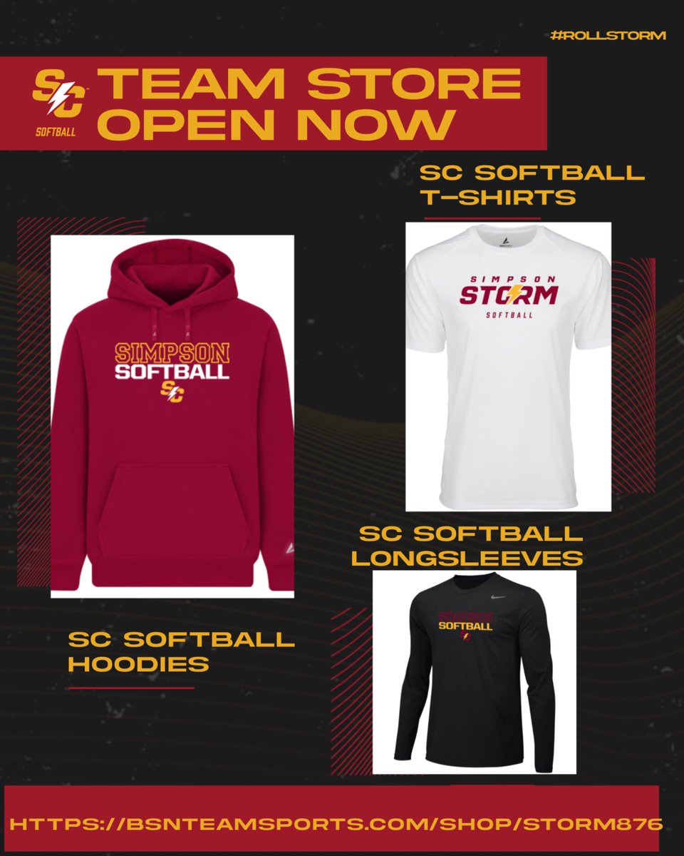 Last day to order some Simpson Softball gear!!
Team store closes tonight so get those orders in!!
bsnteamsports.com/shop/STORM876