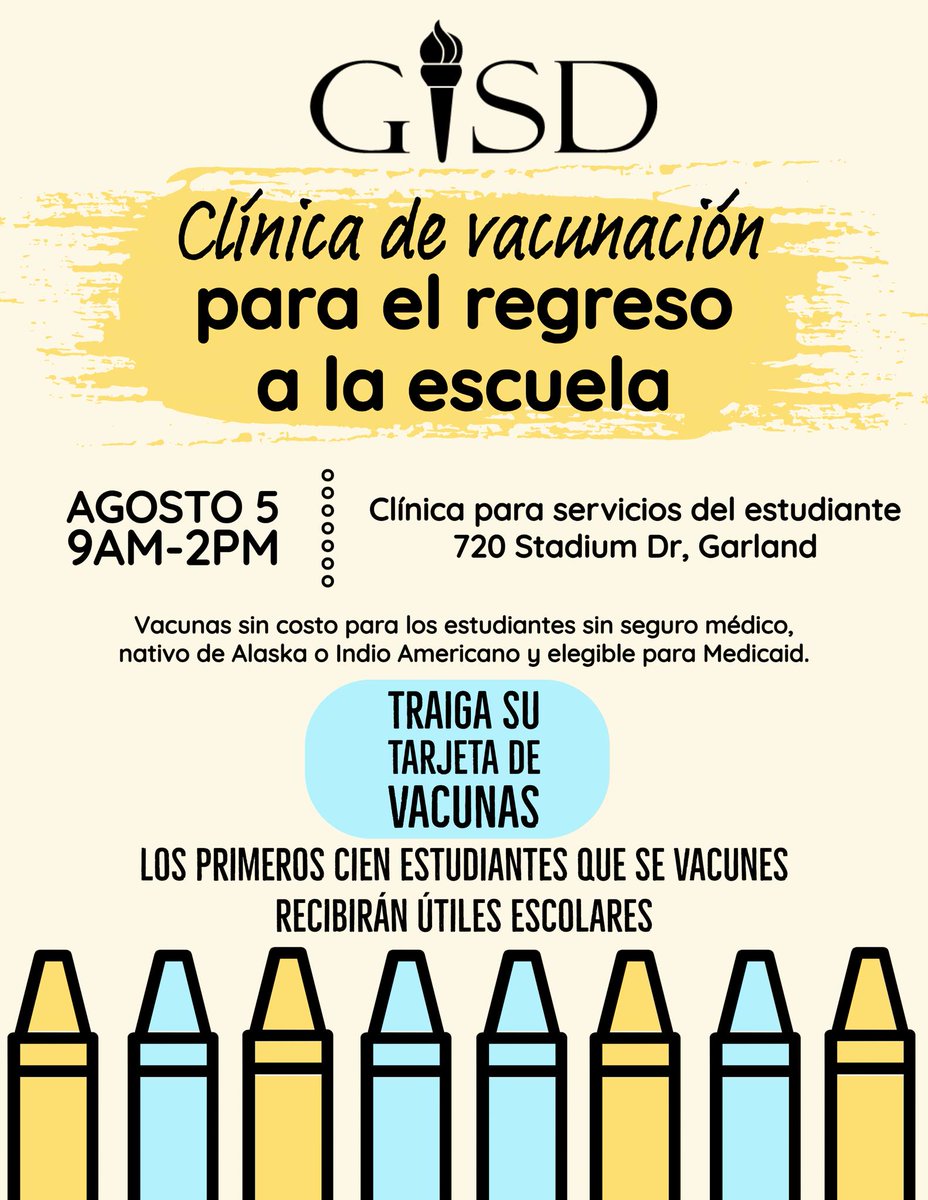 Join us at the Garland ISD Back-to-School Immunization Clinic on Saturday, August 5, from 9 am-2 pm at the GISD Student Services Clinic! Don't forget to bring your child's current shot record for a hassle-free experience.
The first 100 students in attendance will be rewarded with