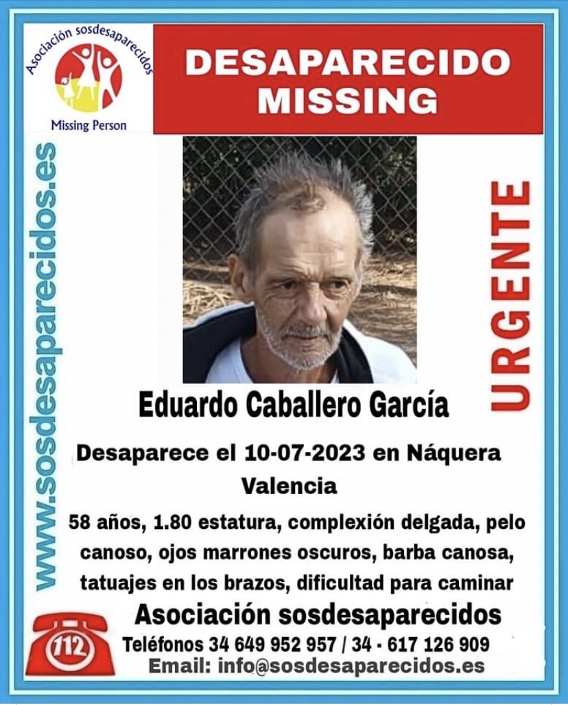 🆘ROGAMOS DIFUSIÓN🆘
Nuestro vecino Eduardo continúa desaparecido. Si crees haberlo visto o tienes alguna información, no dudes en ponerte en contacto con las autoridades.