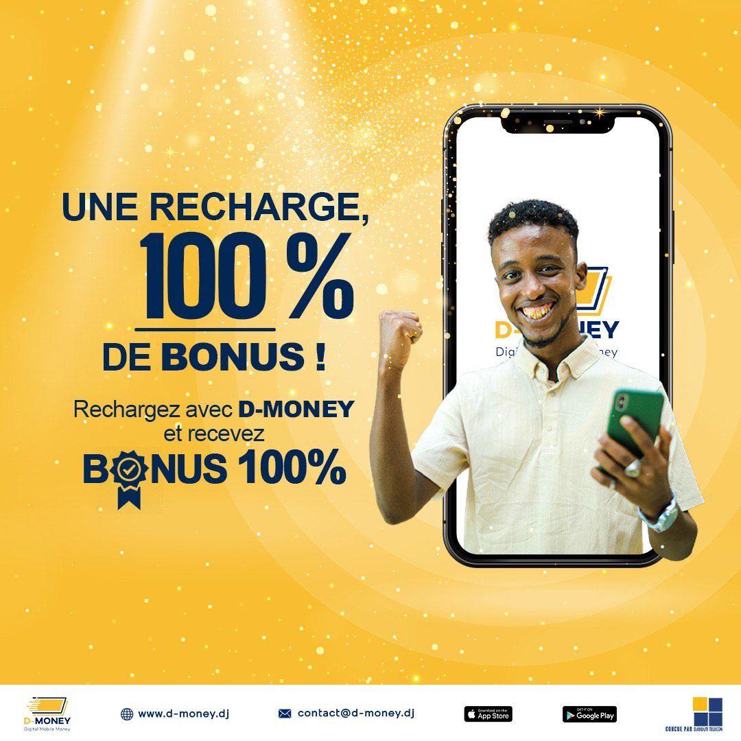 djiboutimoney's tweet photo. 🌟📣La promotion 100% bonus est enfin de retour ! 🙌
Rechargez avec D-Money 📲 et bénéficiez d'un bonus 100%, équivalent à votre recharge.🤩
C'est l'occasion idéale de gérer vos finances facilement et en toute sécurité.
#100Bonus #Djibouti #MobileMoney https://t.co/XVBMuEsH5d