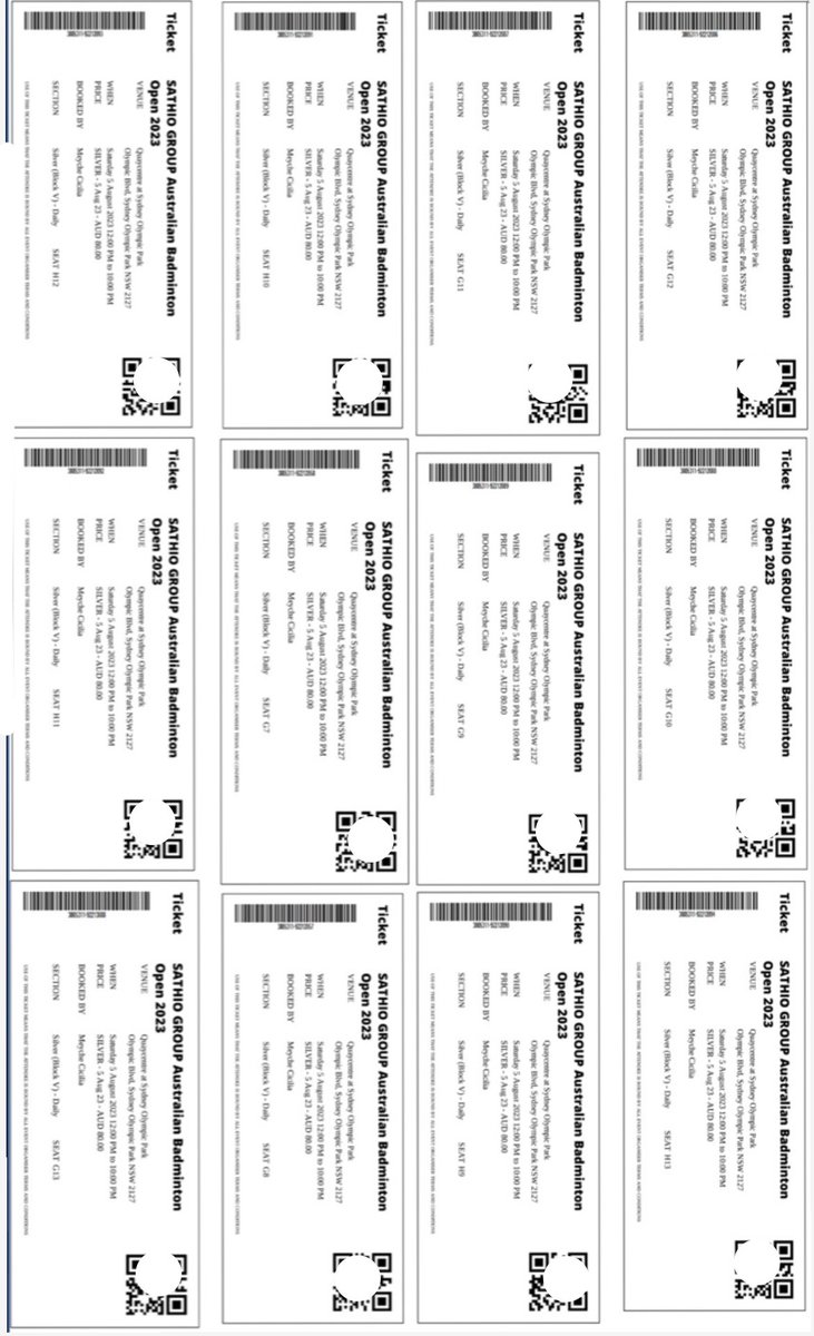 For sale 2 tickets Australia Badminton Open for Saturday (semifinal) 5 August 2023 at Quaycentre Sydney Olympic Park. 

I’ve got 15 tickets but 2 of my friends cannot attend.
Silver section (V) with numbered seating, sell for normal price $80, COD available!