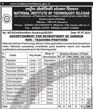 109 Non-Teaching Vacancies at NIT, Silchar🌟

📅 Last Date: 7/8/23

 Various roles available: Technician, Superintendent, Steno, etc. Level 03 - 14.  

📢 Share with eligible friends & family. Let's make dreams come true! 💫
#EmploymentNews #TechnicalJobs #Rozgar #jobsearch
