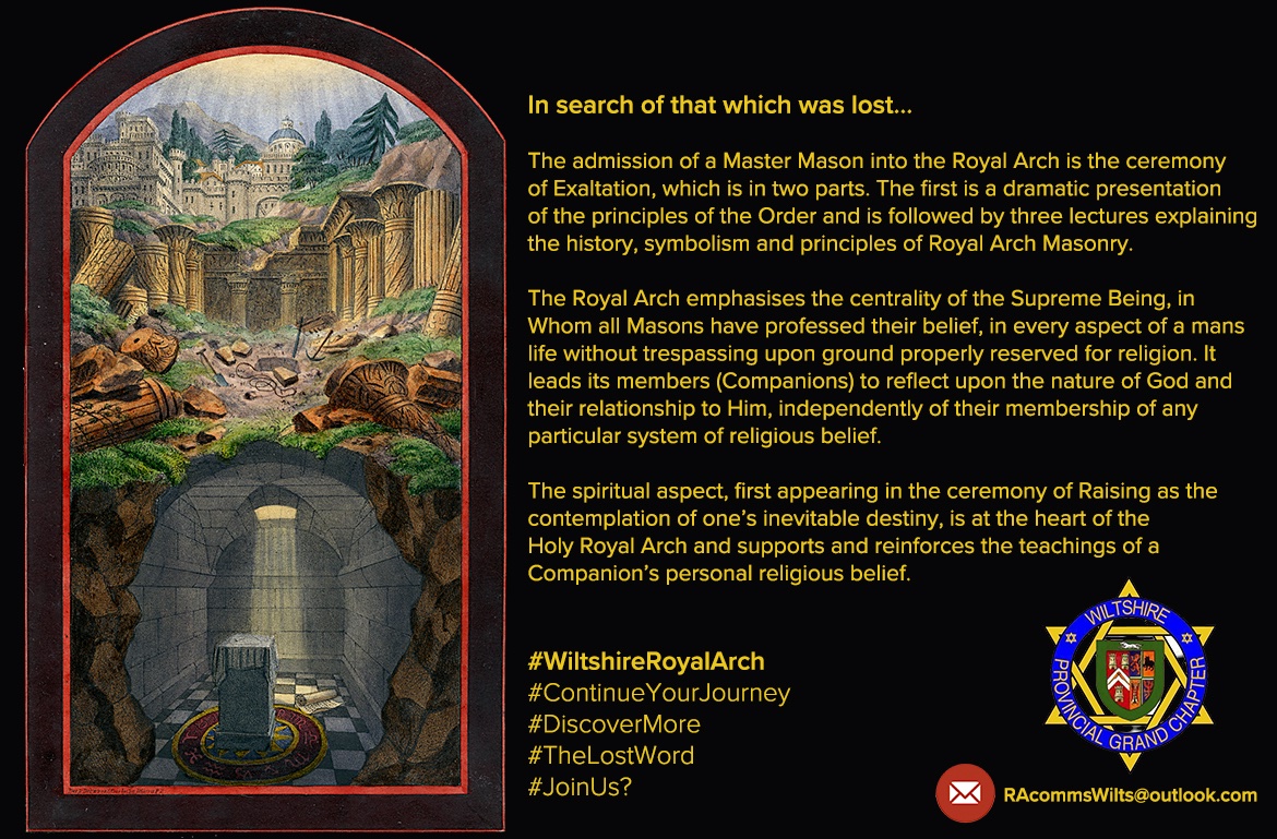 In search of that which was lost... The admission of a Master Mason into the Royal Arch is the ceremony of Exaltation, which is in two parts. A dramatic presentation of the principles of the Order is followed by three lectures #DiscoverMore #WiltsRoyalArch <a href="/wiltspgl/">Wiltshire Freemasons</a> @pgcWiltshire