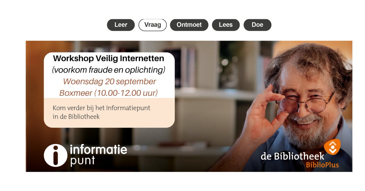 biblioplusje's tweet photo. Workshop "Veilig Internetten te Boxmeer"

· Datum: woensdag 20 september 2023
· Tijd: 10:00 - 12:00
· Locatie: Bibliotheek Boxmeer
· GRATIS

Meer info en inschrijven via:

https://t.co/8EbSsky9hP

#Boxmeer #internet #digitaal #biblioplus #informatiepunt #workshop https://t.co/XYWhgMNfQK