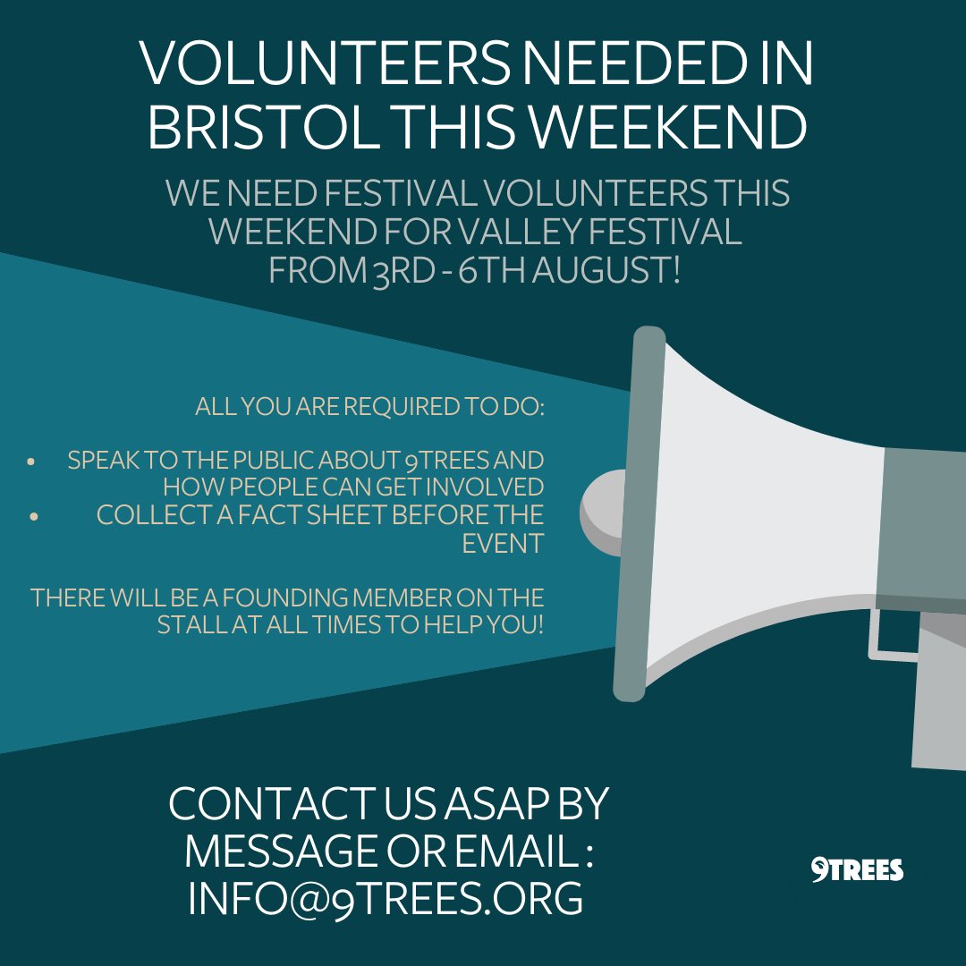 9treesUK's tweet photo. 🚨 URGENT 🚨
🎪 Festival Volunteers NEEDED at Valley Festival in Bristol, 3rd - 6th August. 🌳
Spread the green message, get FREE entry, and training provided! 🌿🌍
📩 Contact us NOW! 📩
#VolunteersWanted #Festival #GreenImpact #GetInvolved #Bristol #ValleyFest #Volunteering https://t.co/DNmrkndvFL